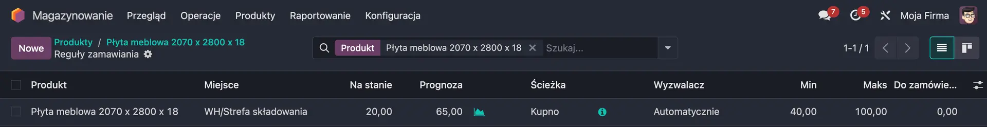 Widok listu reguł zamawiania Odoo, z ustawioną regułą