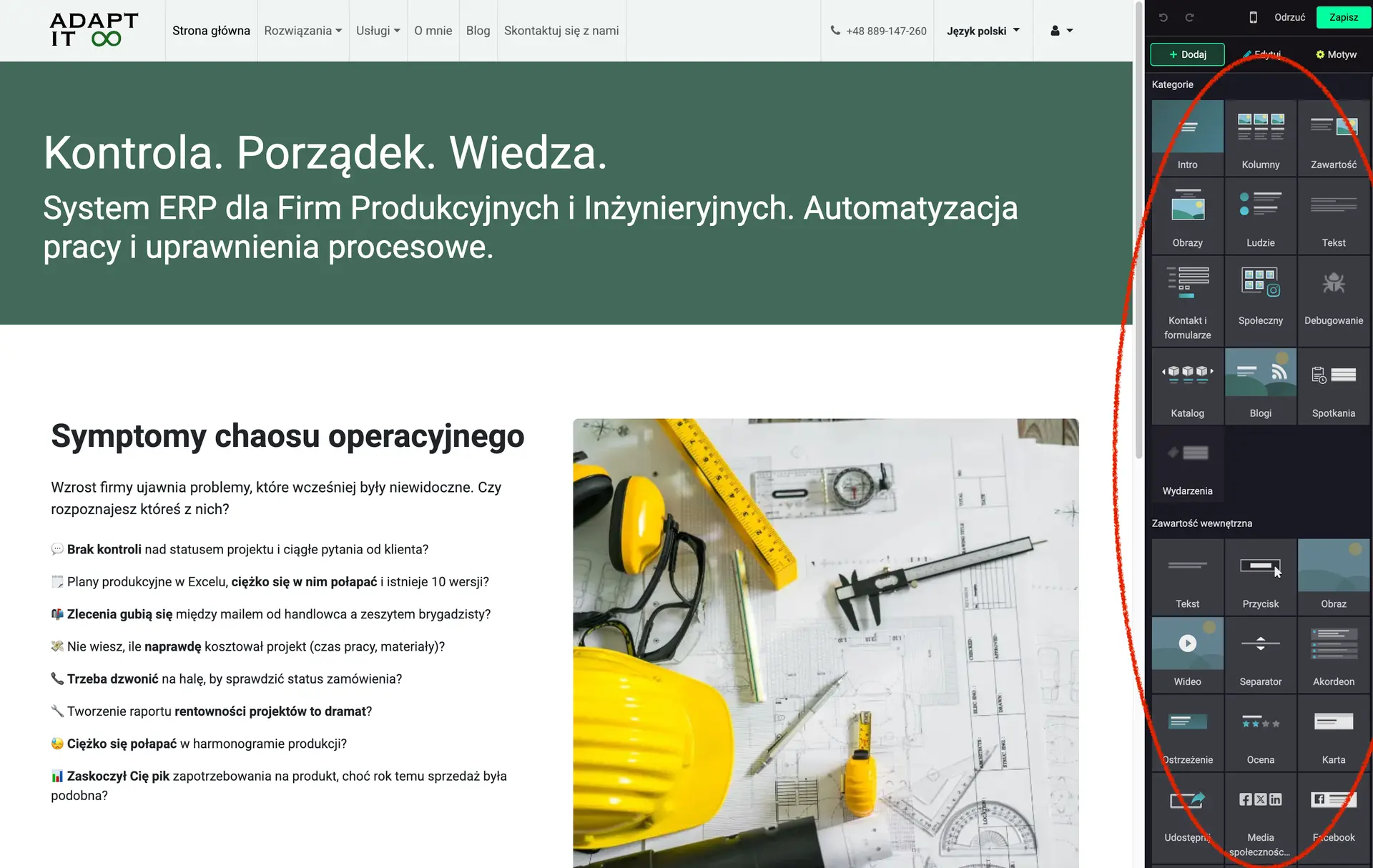 Widok web buildera Odoo. Zbiór snippetów - bloków z których możemy zbudować stronę internetową.