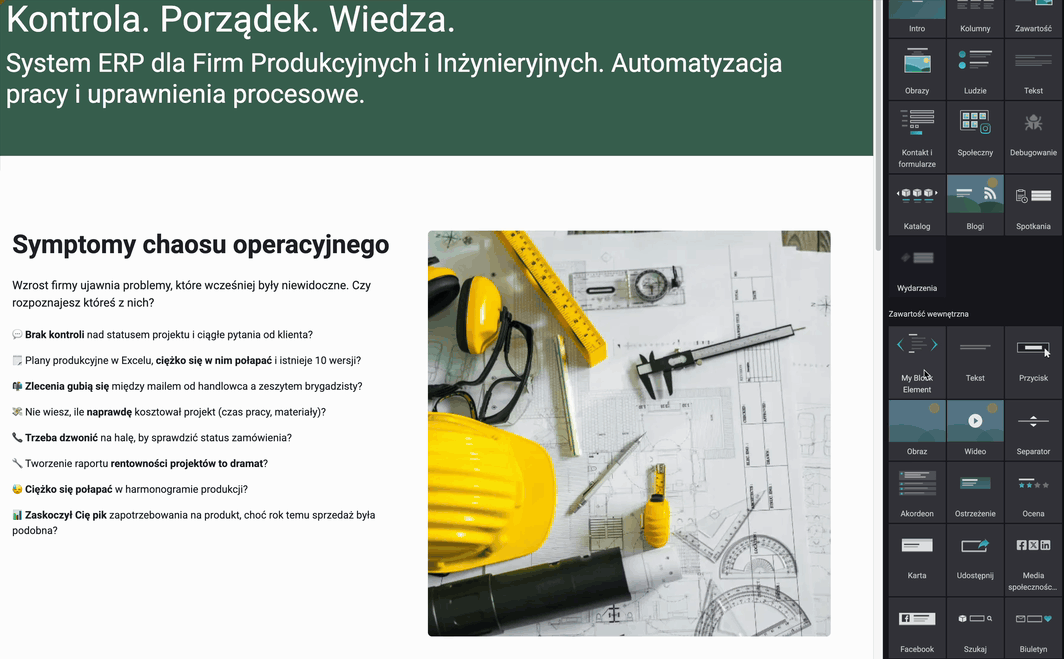 Odoo web builder. Prezentacja działania nowo dodanego bloku.