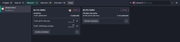 Podgląd zleceń produkcyjnych w systemie zarządzania produkcją (MES) opartym na Odoo - widok zleceń produkcyjnych w module shopfloor, dedykowany widok dla hali produkcyjnej.