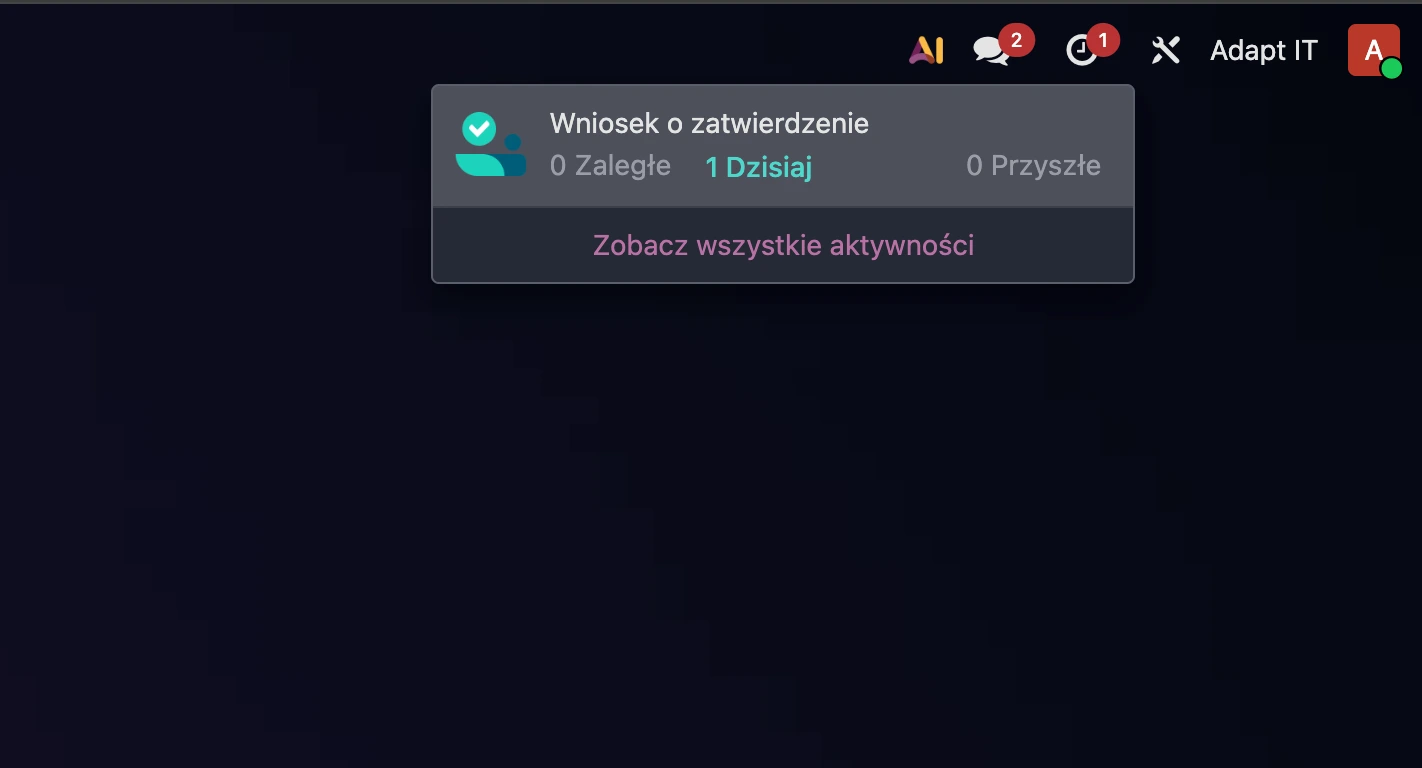 Widok aktywności utworzonej po wysłaniu przez pracownika wniosku o zatwierdzenie